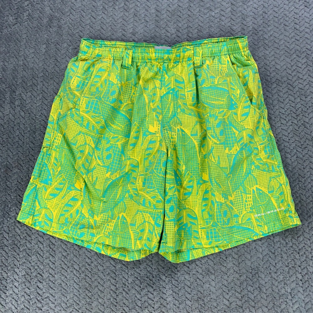 Columbia PFG Omni-Shade Mens Medium 8L Fish Print Shorts Yellow Green FM1107